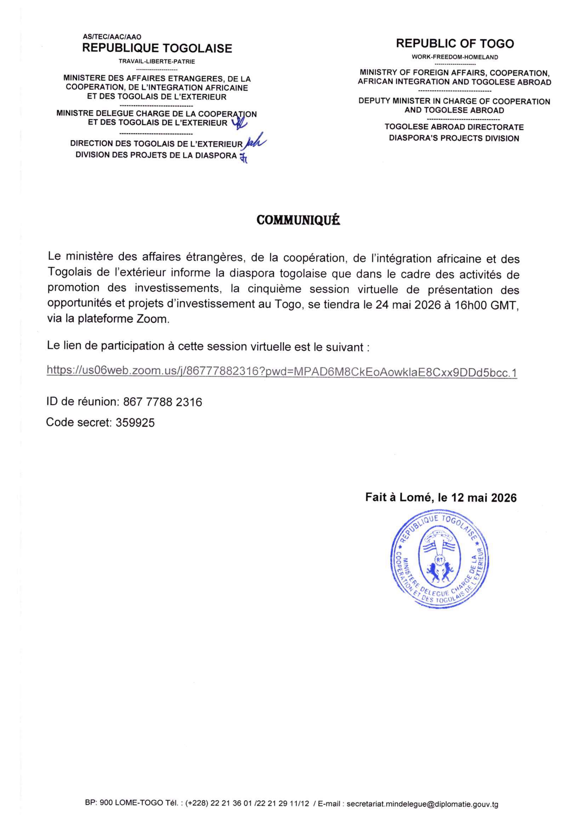 5ᵉ SESSION VIRTUELLE DU 24 MAI 2026 : OPPORTUNITÉS ET PROJETS D'INVESTISSEMENT AU TOGO